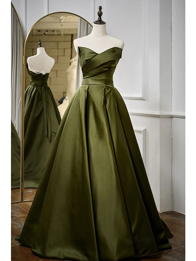 Luolandi A-Line Evening Gown Sexy Dress Formal Floor Length Sleeveless Strapless Satin with Pleats